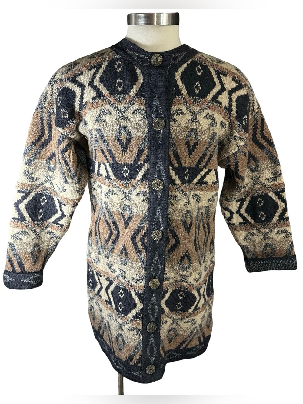 Vtg Whortleberry Scotland Wool Cardigan Sweater Sz M Black Brown Aztec Duster